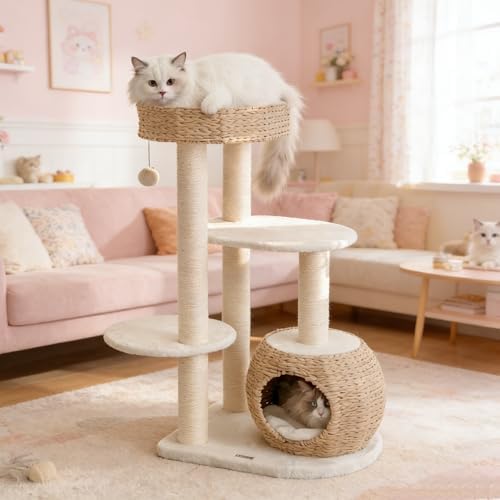 Modern Cat Tree, 39" Tall Cat Tree Tower for Cats, Cat Condo with Scratching Posts, Multi-Level Solid Wood Tower & Top Perch, Cat Furniture for Big Cats