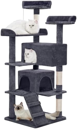 Made4Pets Cat Tree Tower 56in Cat Tower for Indoor Cats Kitten Tree Multi-Level Cat Tree with 2 Condo Furniture Activity Center with Scratching Posts Funny Toys Kittens Pet Play House, Grey