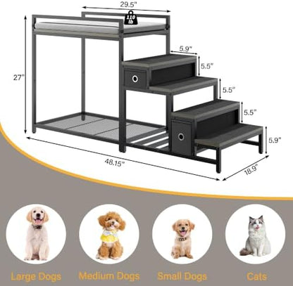 kepptory Pet Bunk Bed with Stairs and Storage, Dog Beds Attachment to Human Bed, Bedside Dogs Cot for Small, Medium Cats & Dogs, Pet Window Perch (Grey)