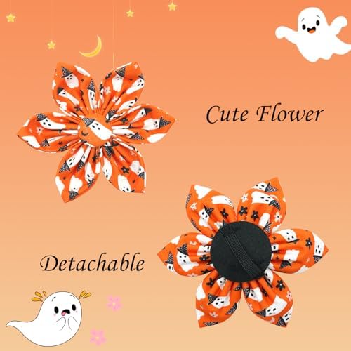 Dog Collar Halloween Fall Orange Ghost Print Pet Collar Holiday Soft Dog Collars with Flower Adjustable Metal Buckle Collar for Medium Dogs