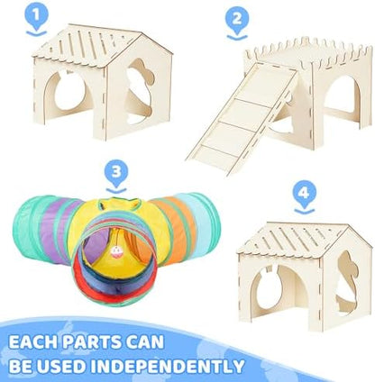 Extra Large Sturdy Rabbit Hideout with 3 Way Tunnels, Wooden Bunny Castle with Stairs, Rabbit Hideout Castle Tower Toys for Indoor Outdoor Play