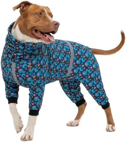 LovinPet PJS Dog Jumpsuit, Wound Care/Surgical Recovery Dog Pajamas, Anxiety Relief Shirt, Pitbull Clothes, Pajamas for Pitbulls, Reflective Stripe Green Bubble Print, Green, XL