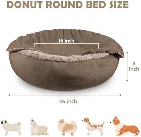 JOEJOY Small Dog Bed Cat Bed with Hooded Blanket, Cozy Cuddler Luxury Puppy Pet Bed, Donut Round Calming Anti-Anxiety Dog Burrow Cave Bed - Anti-Slip Bottom and Machine Washable 26 inch