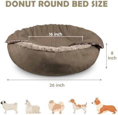 JOEJOY Small Dog Bed Cat Bed with Hooded Blanket, Cozy Cuddler Luxury Puppy Pet Bed, Donut Round Calming Anti-Anxiety Dog Burrow Cave Bed - Anti-Slip Bottom and Machine Washable 26 inch