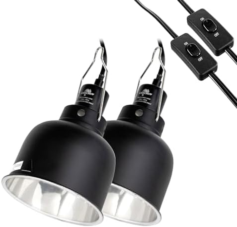 2 Pack Reptile Light Fixture, 5.5in Deep Dome Reptile Lamp Fixture, Optical Reflection Cover, Separate Switch & Hook, Terrarium Light Fixture for Reptile Heat Basking UVB Bulbs, 100W, Black
