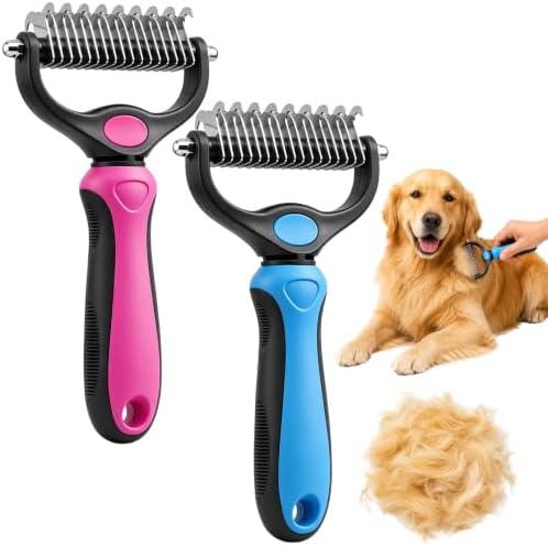 2PCS Pet Grooming Combo - Blue Deshedding Brush with Metal Comb for Detangling and Dematting Long, Matted Fur on Cats and Dogs (Pink+Blue)