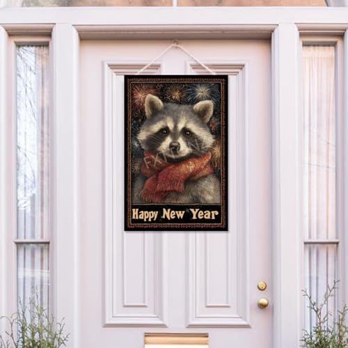 Happy New Year Garden Flag 12x18 Double Sided Vertical Linen Small Fireworks Raccoon House Flag Welcome Holiday Winter House Outdoor Outside Decorations (27168)