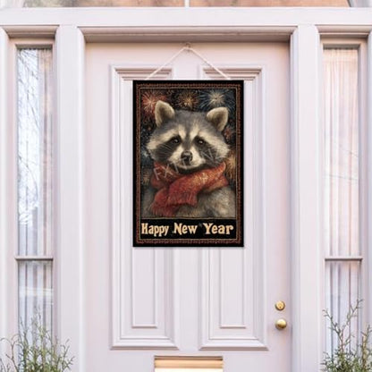 Happy New Year Garden Flag 12x18 Double Sided Vertical Linen Small Fireworks Raccoon House Flag Welcome Holiday Winter House Outdoor Outside Decorations (27168)