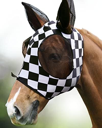 Harrison Howard Super Comfort Stretchy Fly Mask Large Eye Space with UV Protection Soft on Skin with Breathability Checker Board Cob (Medium)