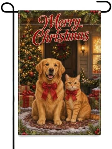 Christmas Pet Garden Flag 12x18 Inch Merry Holiday Golden Retriever Orange Cat Red Bows Tree Gifts Snowy Farmhouse Outdoor Yard Lawn Porch Double Sided Banner Welcome Decor