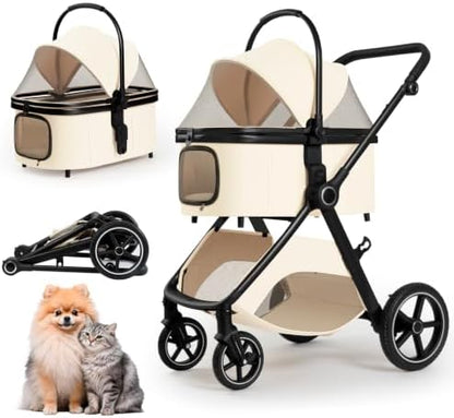 3 in 1 Pet Stroller for Small Medium Dogs,Luxury Dog Stroller with Reversible & Height-Adjustable Handle,Washable Pad&Liner,Rubber Wheels,for Puppy,Senior Pets,Outdoor,Shopping&Vet Visits (Beige)