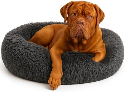 Calming Dog Bed - Fluffy Donut Cuddler for Anxiety Relief, Orthopedic Pet Bed with Non-Slip Bottom, Cozy Round Faux Fur Nest for Dogs and Cats, Plush Crate Mat for Comfort (Dark Grey, X-Large)