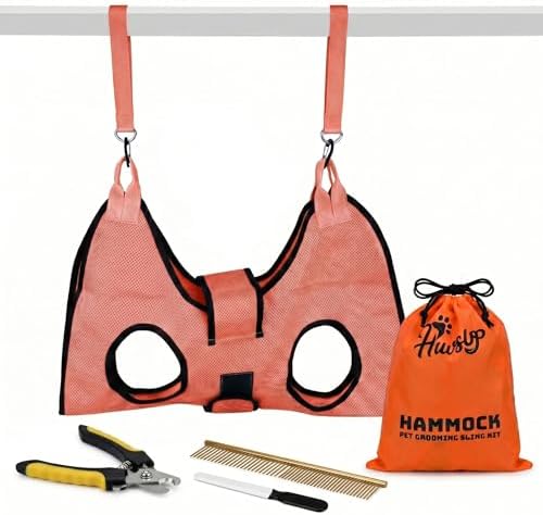 HamInWay PawsUp Pet Grooming Hammock Kit for Large Dogs, 4-in-1 Professional Grooming Sling for Nail Trimming, Includes Heavy Duty Clipper, Nail File, and Steel Comb – Orange
