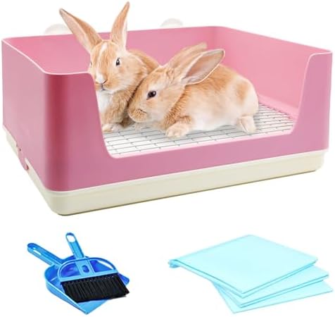 VCEPJH Extra Large Bunny Litter Box for Cage, Plastic Rabbit Litter Pan with Metal Grate Small Animal Toilet Corner Pet Potty Tray for Adult Guinea Pigs Ferrets Chinchillas (Pink)
