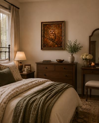 Framed Vintage Style Wall Art Rustic Forest Animal Elegant Owl Canvas Print Poster Farmhouse style artwork suitable for bedroom or living room 12x16 inches designed for wall hanging or tabletop display