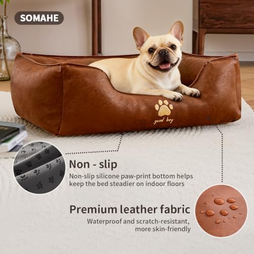 SOMAHE Waterproof Leather Dog Bed, Bolster Couch, 24x19x9 Grey