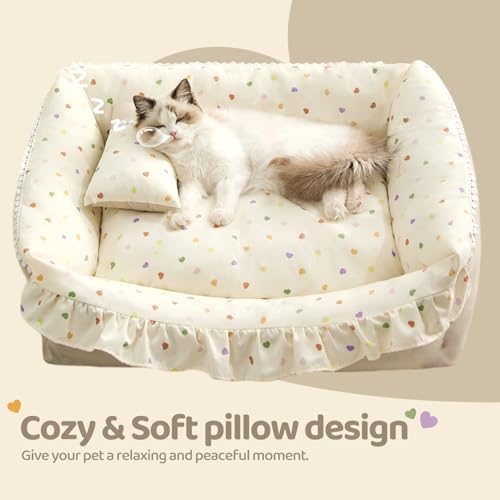 Jiupety Cat Bed for Indoor Cats Dog Beds for Small Dogs Removable Washable Small Dog Beds Pet Beds with Slip-Resistant Bottom Ruffled Puppy Beds with Pillow,Beige 24"x20"