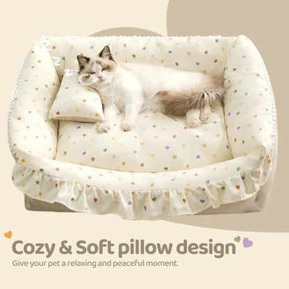 Jiupety Cat Bed for Indoor Cats Dog Beds for Small Dogs Removable Washable Small Dog Beds Pet Beds with Slip-Resistant Bottom Ruffled Puppy Beds with Pillow,Beige 24"x20"