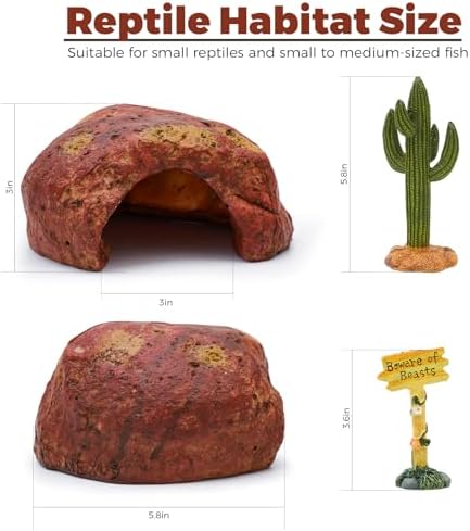 3-in-1 Desert Theme Reptile Rock Cave Hide for Leopard Gecko & Snake - Naturalistic Tank Habitat Decor Set with Cactus Model, Interactive Warning Sign & Moist Hideout (Small Size)
