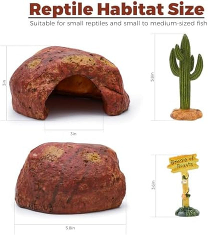 3-in-1 Desert Theme Reptile Rock Cave Hide for Leopard Gecko & Snake - Naturalistic Tank Habitat Decor Set with Cactus Model, Interactive Warning Sign & Moist Hideout (Small Size)