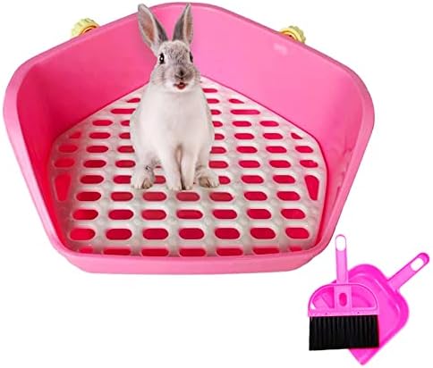 kathson Rabbit Litter Box Pet Toilet Cage Box Potty Trainer Corner with Small Animal Cage Cleaner Broom Brush Dustpan for Bunny Chinchilla Guinea Pig Ferret (Pink)