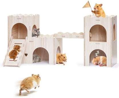 Large Hamster Hideout, Wooden Double-Decker Castle with Climb Ladder