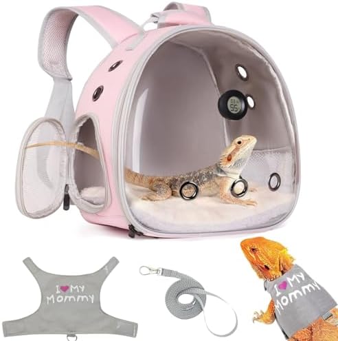 Reptile Travel Backpack Carrier with Reptile Thermometer and Humidity Gauge & Harness Leash Lizard Travel Cage Space Capsule Clear Bubble Window Astronaut Bearded Dragon Bag for Ball Python