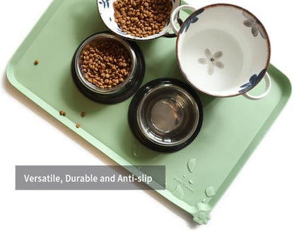 Hoki Found Large Silicone Pet Food Mats Tray - Non Slip Dog Cat Bowl Mats Placemat - Pet Feeding Mat - Waterproof Dog Cat Food Mats -Pet Water Mats for Floors - Jade