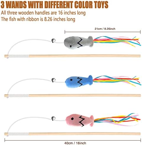 Natural Wood Cat Wand Toy with Ribbon Fish Teaser - 3pcs, 16 Inch