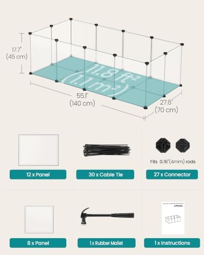 SONGMICS Pet Playpen with Floor, Small Animal Pen, Pet Fence Indoor, DIY Plastic Enclosure for Hamsters, Rabbits, Hedgehogs, Ferrets, 56.3 x 28.7 x 18.1 Inches, White ULPC02W