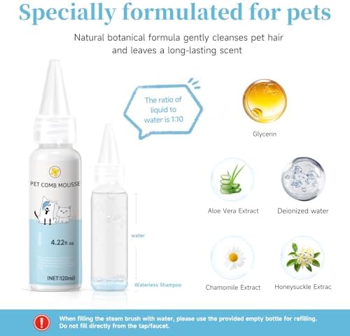Pet Steam Brush for Dog & Cat – 3-in-1 Spray Hair Removal for Grooming, Softens Fur & Reduces Static 2*Shampoo(Steam Brush not Included)