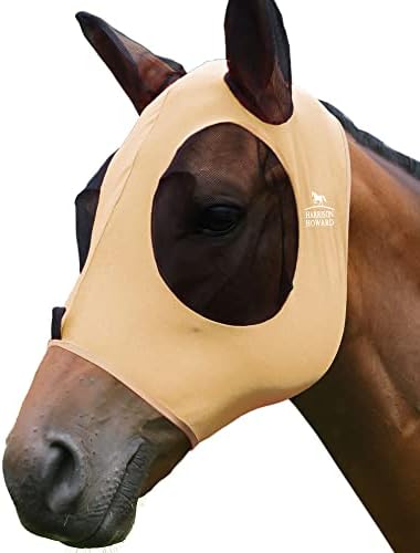 Harrison Howard Super Comfort Stretchy Fly Mask Large Eye Space with UV Protection Soft on Skin with Breathability Champagne Gold S Pony