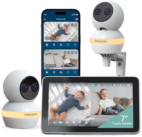 Babysense TOUCH 7" Touchscreen Smart WiFi Baby Monitor with App, Camera and Audio, 2 Cameras with Night Light, 4MP Dual-Lenses with 6X Zoom, AI Auto Tracking, Focus Area, Split-Screen, No Subscription