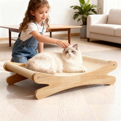 Natural Sisal Cat Scratcher Bed with Hammock – Solid Wood Furniture Style, Extra Large Cat Lounger & Scratch Pad for Indoor Cats, Protects Furniture