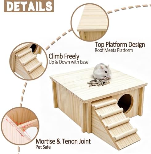 Wooden Hamster Hideout House,Gerbil Hide Hut with Climbing Ladder Platform,Dwarf Syrian Hamster Hideaway Cave Cage Accessories Habitats Decor for Rat Mice Mouse and Other Small Pets
