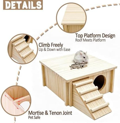 Wooden Hamster Hideout House,Gerbil Hide Hut with Climbing Ladder Platform,Dwarf Syrian Hamster Hideaway Cave Cage Accessories Habitats Decor for Rat Mice Mouse and Other Small Pets