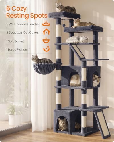Feandrea Large Cat Tree, 72.6" Tall Sturdy Cat Tower for Indoor, Dark Gray