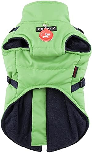 Puppia Mountaineer Winter Dog Coat with integrated harness No Pull Cold Weather Waterproof Warm Fleece Back Zipper for Small & Medium Dog, GREEN, XX-Large