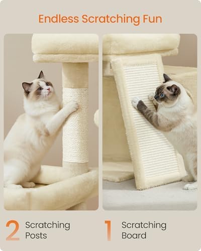 Feandrea Cat Tree, 33.8" Cat Tower Condo, Scratching Posts and Ramp, Beige