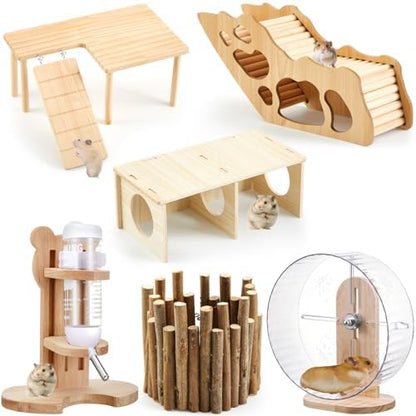 6 Pcs Hamster Toys Set, Maze Wood House, Climbing Ladder Wooden Bridge Tunnel Toy Platform Silent Exercise Running Wheels and Water Bottle Set for Rat Guinea Pig Habitat Cage(Basic)