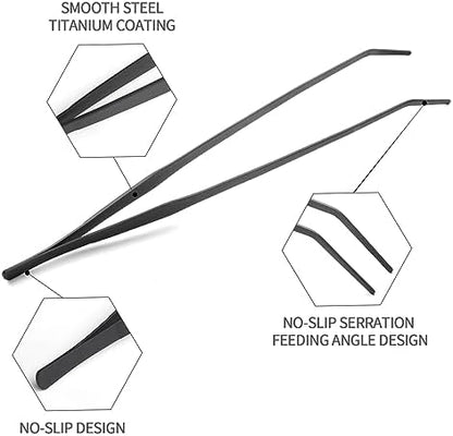 Aquarium Tweezers Extra Long 15 inches Feed Tong Clamps - FEITA Straight and Curved Stainless Steel 38cm Tweezers Set for Fish Tank Plants Aquascape Tools & Reptile Feeding Tongs - Black 2Pcs