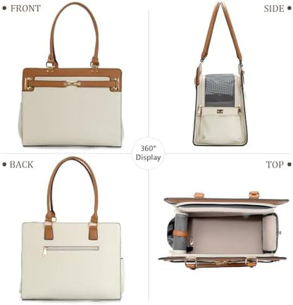 2-in-1 Stylish Dog Purse Carrier Soft-Sided Carriers Travel Tote Bag for Small Dogs Cats, Fashion Foldable Pet Bag for Puppies Small Animals with Pockets (Beige+Brown, 15" L x 7.5" W x 12.2" H)
