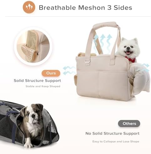 JourCraf Dog Purse Carrier for Small Dogs & Puppies Up 12 Lbs, Soft Cotton Tote Pet Shoulder Bag with Pockets, Foldable & Washable Breathable Puppy Carrier for Yorkie, Chihuahua & Cats - Beige