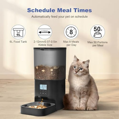 ANDOLL HOME Automatic Cat Feeder, 6L Cat Food Dispenser with 10s Voice Recorder, Pet Feeder up to 8 Meals per Day, Timed Feeder with Dry Food Sealed Ring (Black)