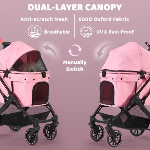 Dog Stroller for Small to Medium Dogs with Detachable Carrier, Pink