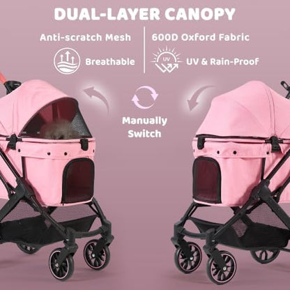 Dog Stroller for Small to Medium Dogs with Detachable Carrier, Pink
