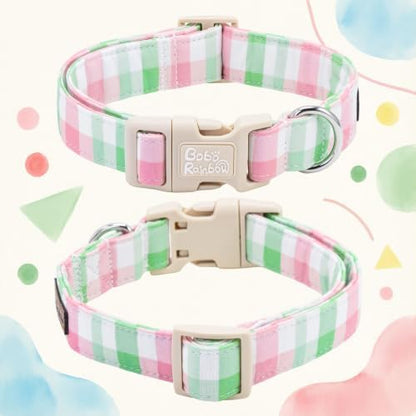 Pink Green Gingham Plaid Dog Collar with Bow for Large Dogs
