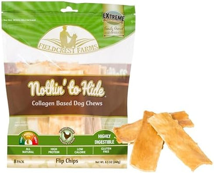 Fieldcrest Farms Nothin to Hide Flip Chips Dog Chews - Natural Rawhide Alternative Treats for Dogs, Collagen Based Snack for Moderate Chewers Up to 35lbs, Chicken Flavor