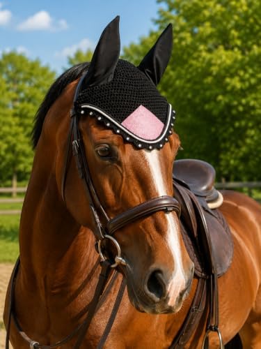 Horse Ear Bonnet for Horses – Handmade Crochet Fly Veil with Crystal Stones, Glitter Patch, Breathable Stretch Ears, Horse Fly Bonnet Ear Bonnet for Riding (Pink, Pony)
