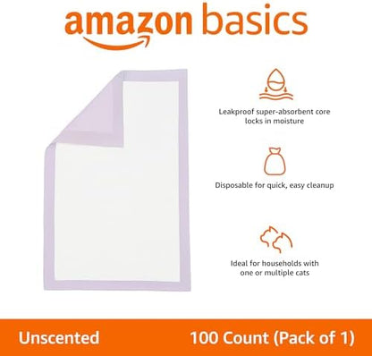 Amazon Basics Cat Pee Pads, Super Absorbent, Odor Control, Unscented, Universal Fit for Litter Box, Disposable, White/Purple, 100 Count